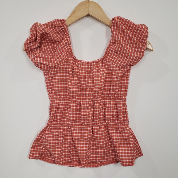 Madewell Tops - Madewell Red White Gingham Square Neck Puff‎ Sleeve Peplum Top XS Peasant Boho